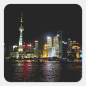 Shanghai bij nacht vierkante sticker (Voorkant)