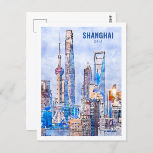Shanghai China Famous Travel Waterverf Sketch Briefkaart