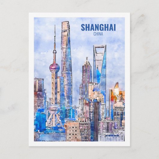Shanghai China Famous Travel Waterverf Sketch Briefkaart (Voorkant)