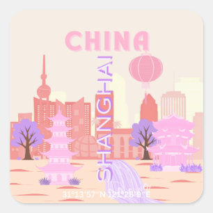 Shanghai China Pastelkleurige Reis Kunst Vierkante Sticker