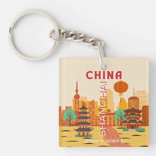 Shanghai China Reis Retro Poster Sleutelhanger (Voorkant)