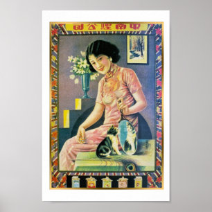  Shanghai China Sigarette Ad Woman Kitten Poster