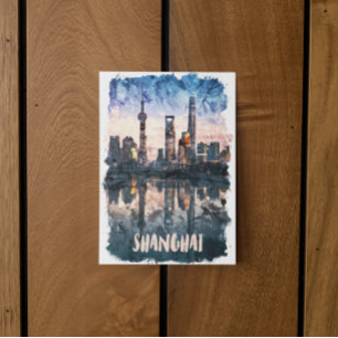 Shanghai China Silhouet Watercolor Kunstprint Briefkaart