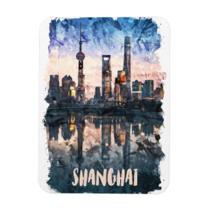 Shanghai China Silhouet Watercolor Kunstprint Magneet