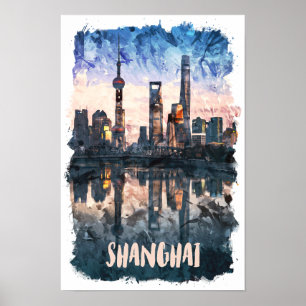 Shanghai China Silhouet Watercolor Kunstprint Poster