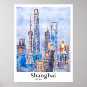 Shanghai China Travel Waterverf Sketch Hand geteke Poster (Voorkant)