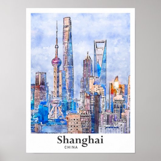Shanghai China Travel Waterverf Sketch Hand geteke Poster (Voorkant)