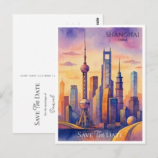 Shanghai China Waterverf Save the Date Briefkaart (Voorkant / Achterkant)
