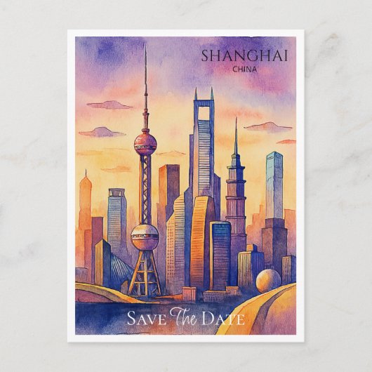 Shanghai China Waterverf Save the Date Briefkaart (Voorkant)