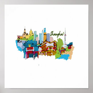 shanghai city waterkleurige gedempte kleuren desig poster