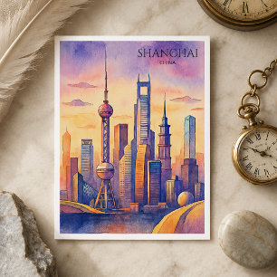 Shanghai Silhouet China Reis Aquarel  Feestdagenkaart