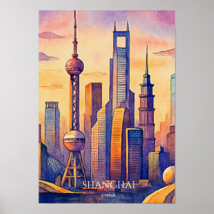 Shanghai Silhouet China Reis Aquarel  Poster