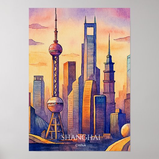 Shanghai Silhouet China Reis Aquarel Poster (Voorkant)
