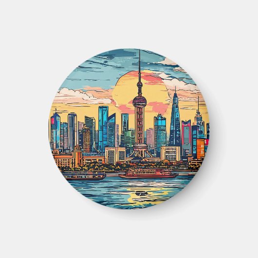 🌆Shanghai Silhouet Stadsgezicht Reis Decor✨ Magneet (Voorkant)
