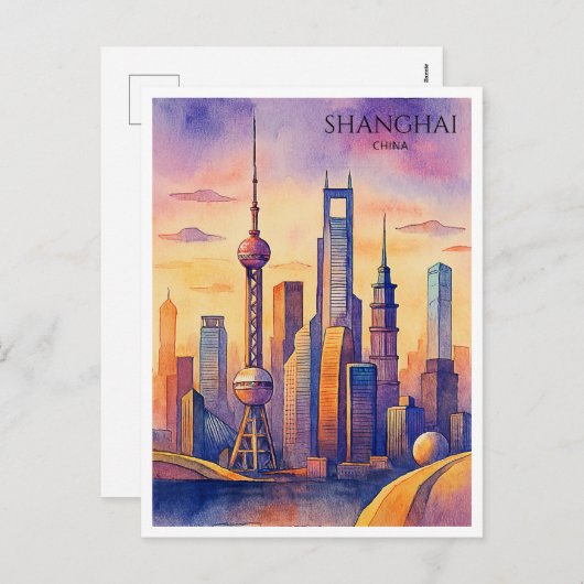 Shanghai Skyline China Travel Waterverf Feestdagenkaart (Voorkant / Achterkant)