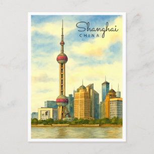  Shanghai Skyline Waterverf Feestdagenkaart