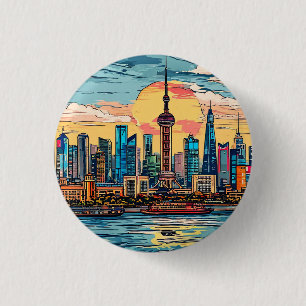 Shanghai stads Waterfront Silhouet bij Zonsonderga Ronde Button 3,2 Cm