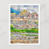 Shangri La Yunnan China Beroemde Reis Waterverf Briefkaart (Voorkant)