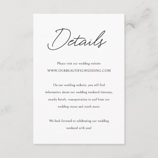 Shannon zwart en wit elegante bruiloft informatiekaartje (Voorkant)