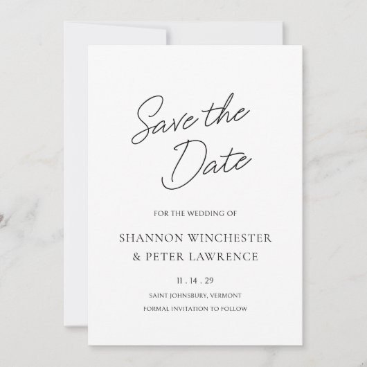 Shannon zwart en wit elegante bruiloft save the date (Voorkant)
