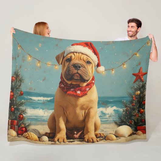 Shar Pei Dog Christmas Beach Fleece Deken (In situ)