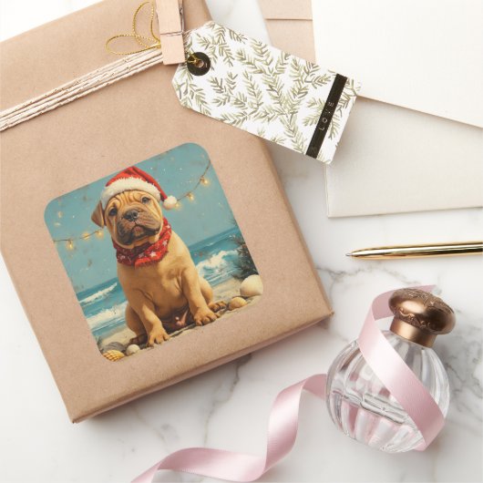 Shar Pei Dog Christmas  Beach Vierkante Sticker (Geschenken)
