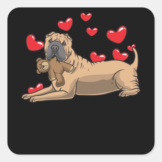 Shar Pei Dog met gevulde Animal and Hearts Vierkante Sticker (Voorkant)