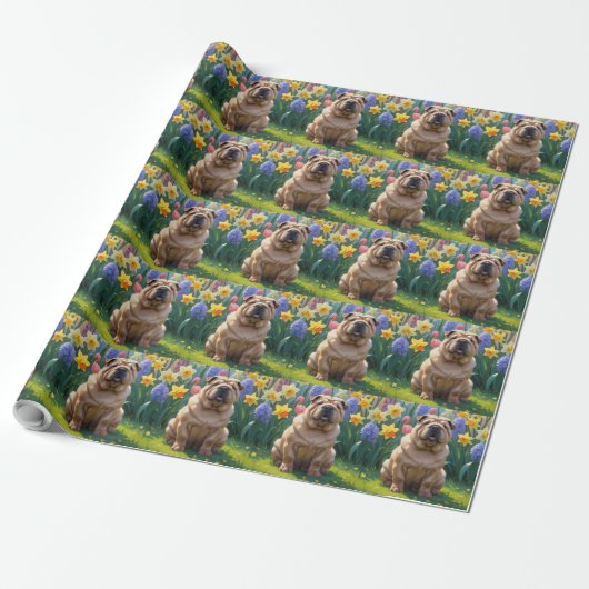Shar Pei Dog Spring Bloemen Schilderen Cadeaupapier (Uitgerold)
