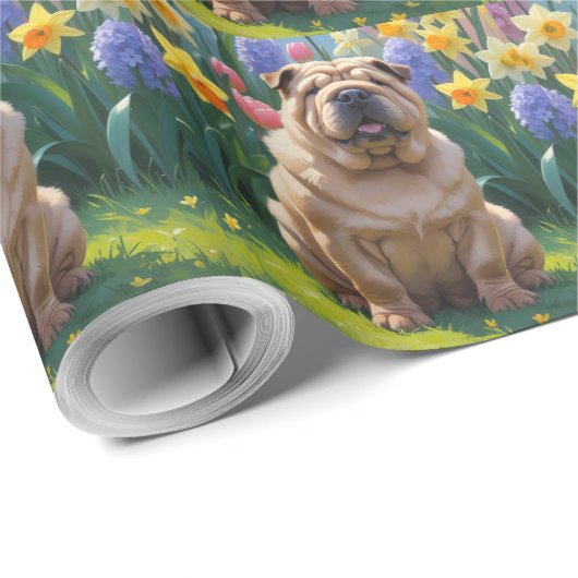 Shar Pei Dog Spring Bloemen Schilderen Cadeaupapier (Rol Hoek)