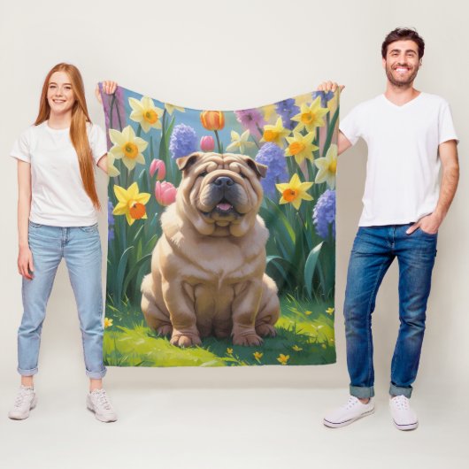 Shar Pei Dog Spring Bloemen Schilderen Fleece Deken (In situ)