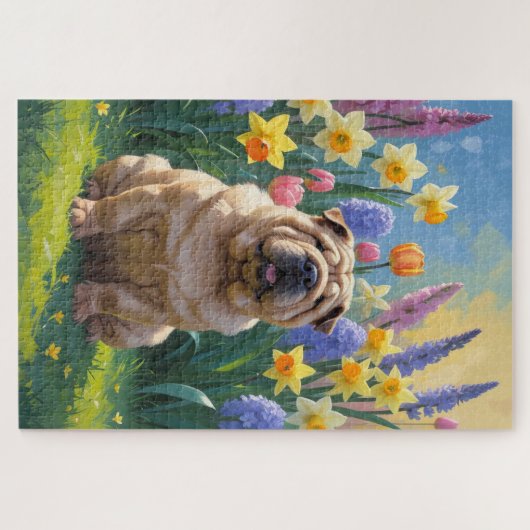 Shar Pei Dog Spring Bloemen Schilderen Legpuzzel (Horizontaal)