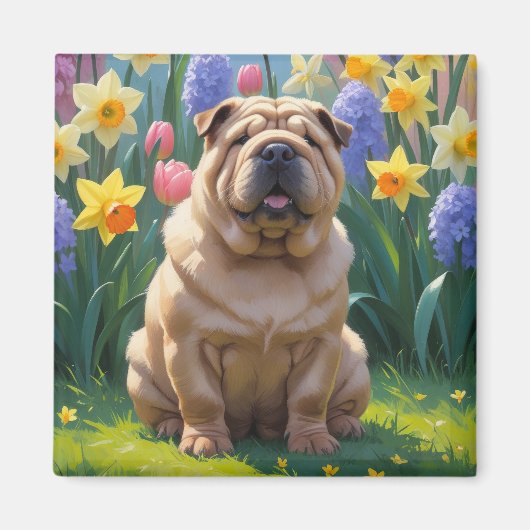 Shar Pei Dog Spring Bloemen Schilderen Magneet (Voorkant)
