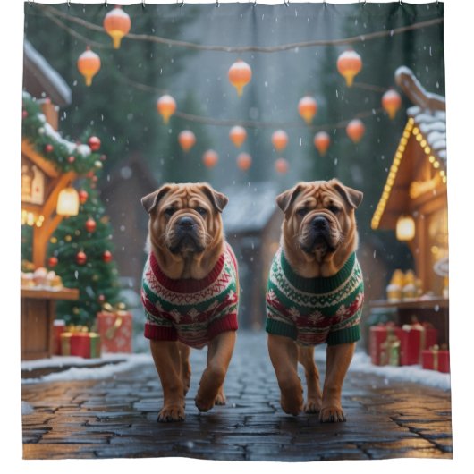 Shar Pei  Dogs Christmas Snow Holiday Douchegordijn (Voorkant)