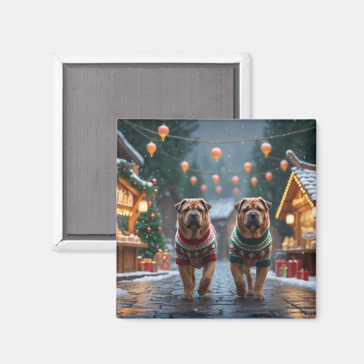 Shar Pei  Dogs Christmas Snow Holiday Magneet (Voorkant / Achterkant)