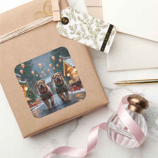 Shar Pei  Dogs Christmas Snow Holiday Vierkante Sticker (Geschenken)