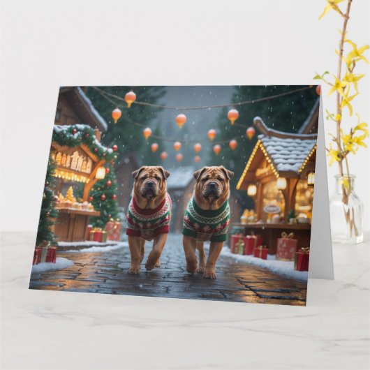 Shar Pei Dogs Kerstmis Sneeuw Vakantie Kaart (Gele Bloem)