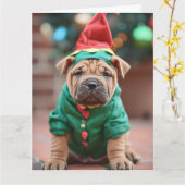 Shar Pei Elf Puppy Kerst Kaart (Gele Bloem)
