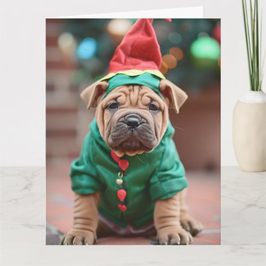 Shar Pei Elf Puppy Kerst Kaart (Voorkant)