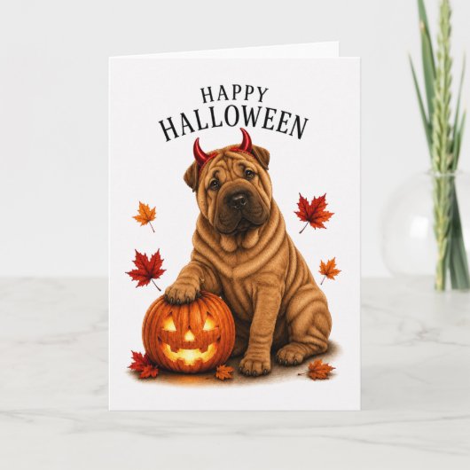 Shar Pei Halloween Duivels Hond Kaart (Voorkant)