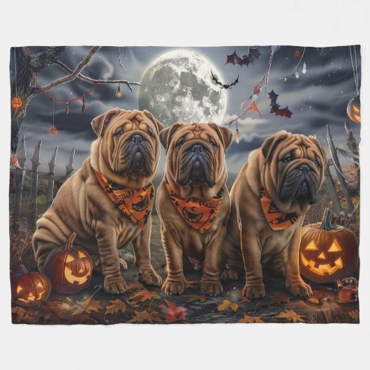Shar Pei Halloween Spooky Fleece Deken (Voorkant (Horizontaal))