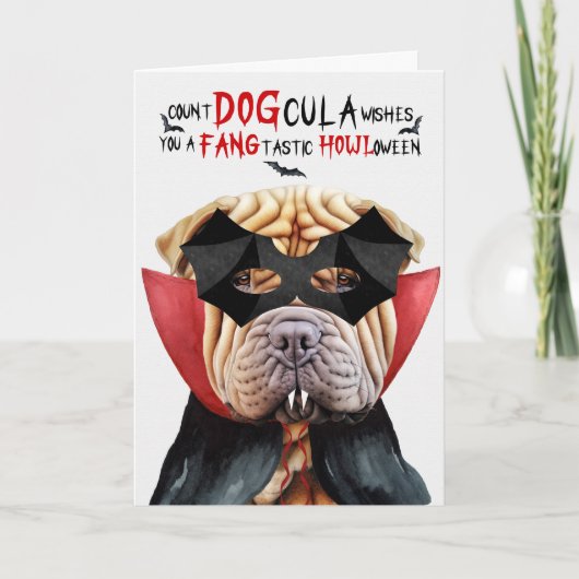 Shar Pei Hond Grappig Count DOGcula Halloween Feestdagen Kaart (Voorkant)