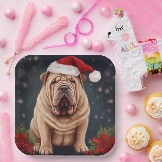 Shar Pei Hond in Sneeuw Kerstmis Papieren Bordje (Feest)