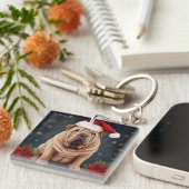 Shar Pei Hond in Sneeuw Kerstmis Sleutelhanger (Voorkant Rechts)