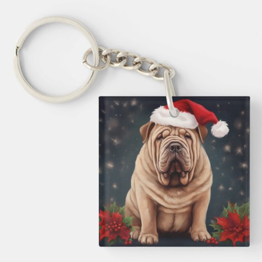 Shar Pei Hond in Sneeuw Kerstmis Sleutelhanger (Voorkant)