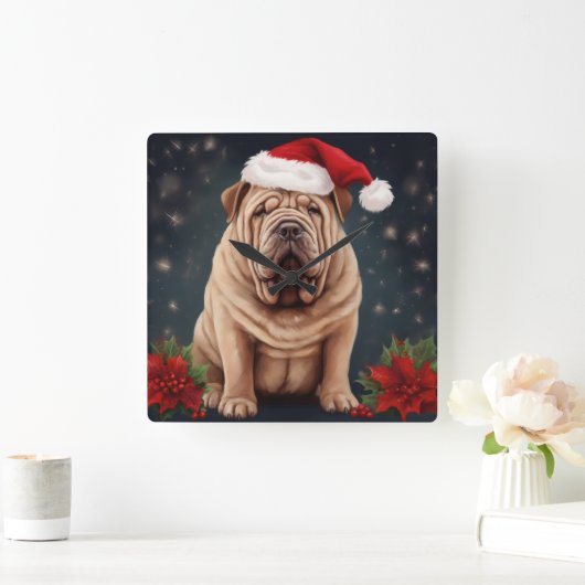 Shar Pei Hond in Sneeuw Kerstmis Vierkante Klok (Huis)