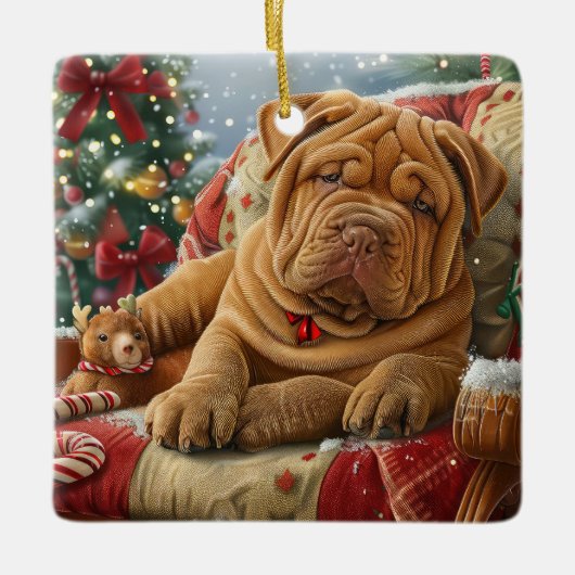Shar Pei Hond Kerstfeest Festiviteit Keramisch Ornament (Voorkant)