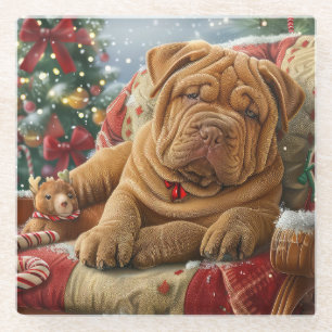 Shar Pei Hond Kerstfeest Glazen Onderzetter