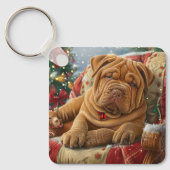 Shar Pei Hond Kerstfeest Sleutelhanger (Voorkant)