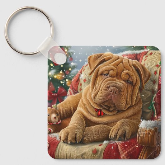 Shar Pei Hond Kerstfeest Sleutelhanger (Voorkant)