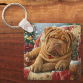 Shar Pei Hond Kerstfeest Sleutelhanger (Voorkant)